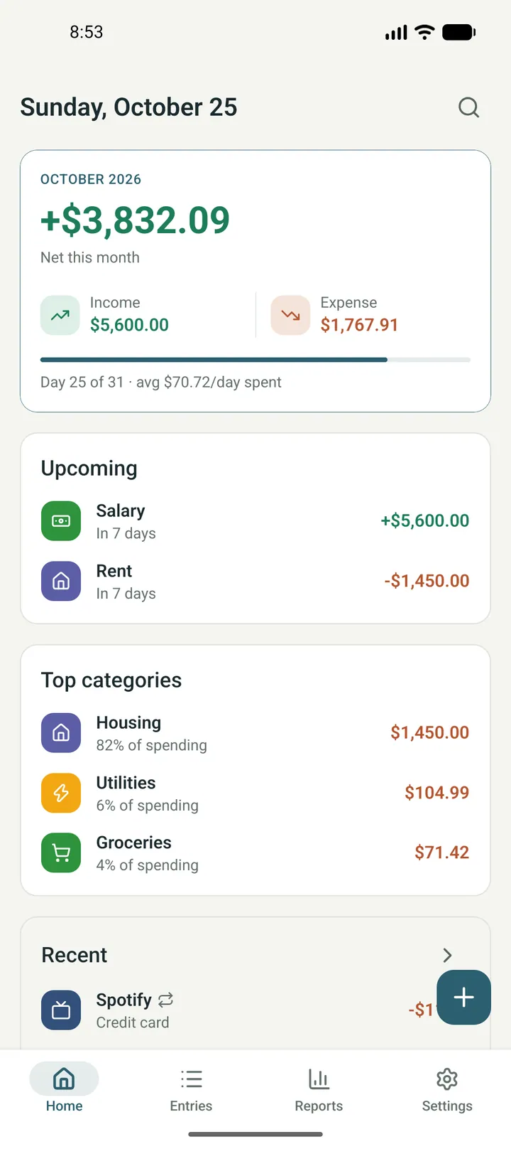 The Potli home screen — +$3,832.09 net for October, income and expense totals, upcoming salary and rent, and the top spending categories